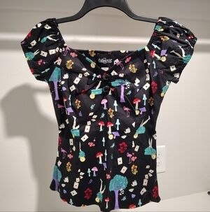 Colectif London Off Shoulder Alice In Wonderland Retro Rockabilly Top XS Whimsy